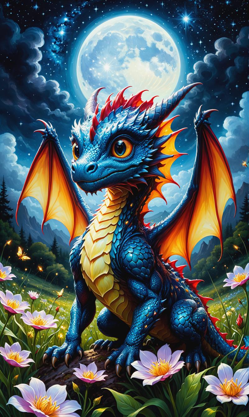 00884-224517309-art by Phil Koch, Meghan Howland _painting of a cute tiny fantasy dragon in a moonlit glowing flower field, starry sky, fireflie.png